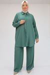 47044 Büyük Beden Düz Dokuma Pantolon Gömlek Takım - Çağla Yeşili